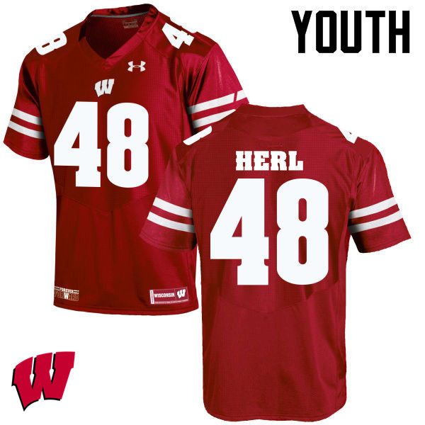 Youth Wisconsin Badgers #48 Mitchell Herl College Football Jerseys-Red - Click Image to Close